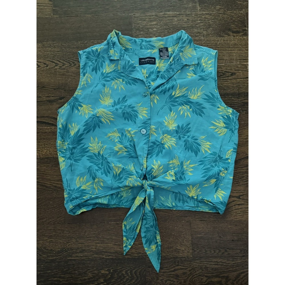 Liz Claiborne Liz Sport Blue Hawaiian Tie Waist Crop Top Blouse Size Large Cute